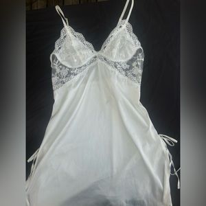 Old Hollywood White Silk Slip Dress SHEER W/ LACE & BOW DETAILING